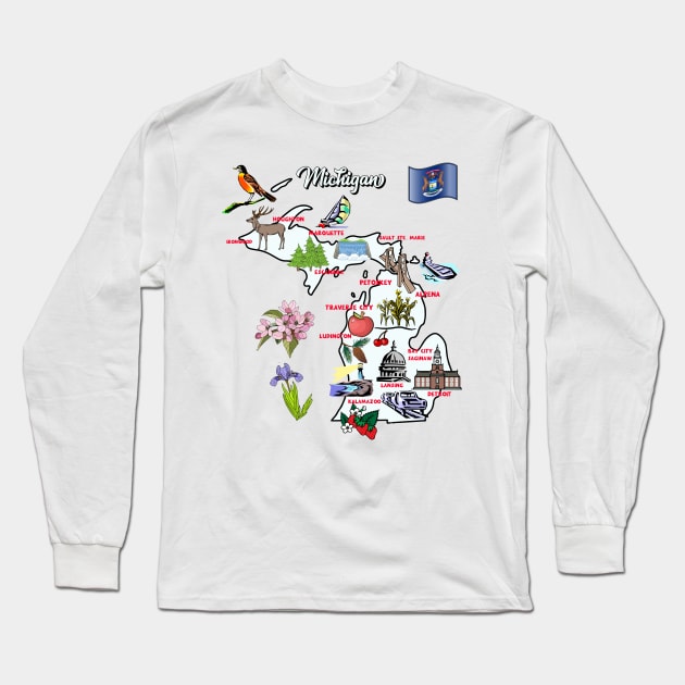 Hand Drawn Illustration of Michigan Map with Tourist Destinations, USA Long Sleeve T-Shirt by Mashmosh